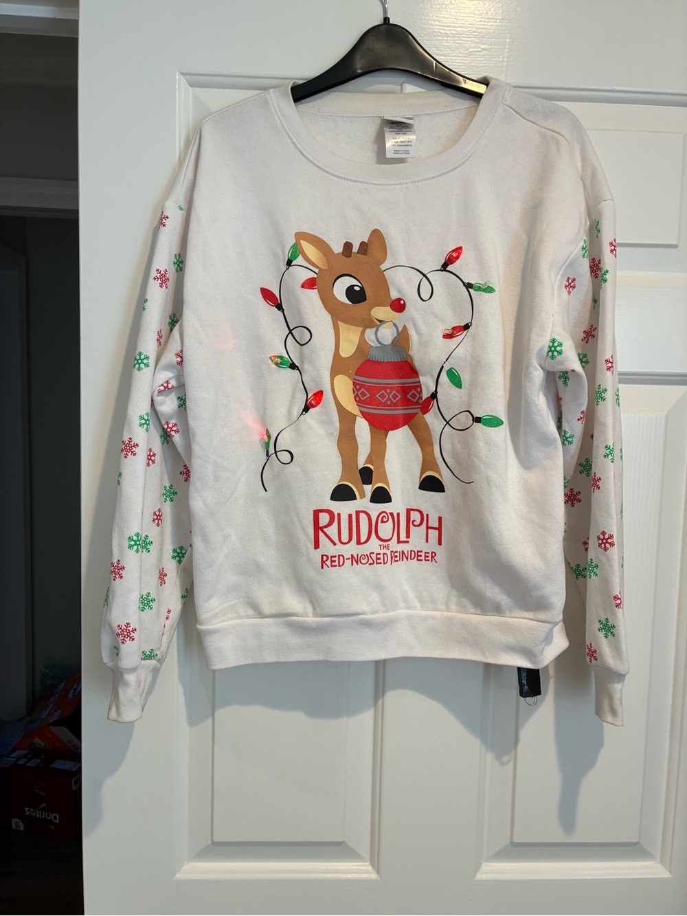 Rudolph White Kids Holiday Sweatshirt with Festive Lights